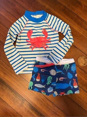 Baby Boden Blue & White Striped Rashguard Set with Red Crab